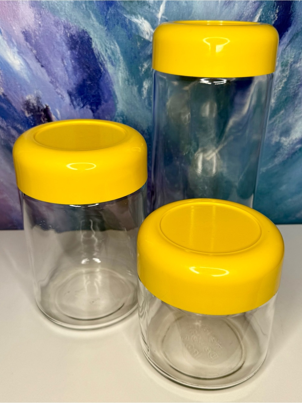 3 Heller Designs Yellow Lid Glass Canister Jars Vintage Vignelli MCM 70s Storage